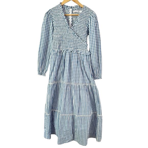 Frances Hart Maternity Ines Dress Blue Gingham Plaid Smocked Midi Dress Size XS - Picture 4 of 10